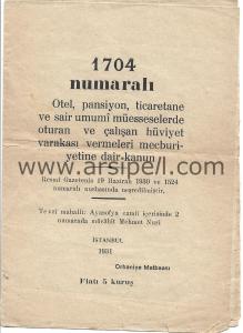 1931 Otel Pansiyon Ve Sair Umumi Müesseselerde Çalışan Hüviyet Varakası Vermeleri Mecburiyetine Ait Kanun
