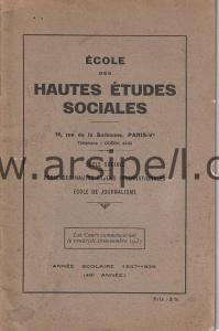 Ecole Des Hautes Etudes Sociales Sorbonne Paris 1937-38 Annee Scolaire