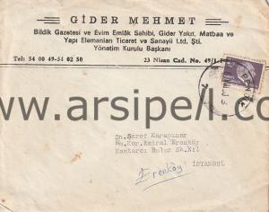 Gider Mehmet Bildik Gazetesi İstanbul Pendik Antetli Zarf