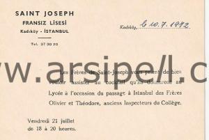 1972 Saint Joseph Fransız Lisesi Kadıköy Antetli Fransızca Kokteyl Davetiye