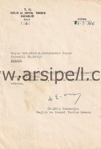 Sağlık ve Sosyal Yardım Bakanı Dr. Edip Somunoğlu İmzalı Evrak