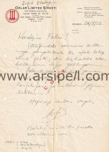 Yazar Şefik Okday İmzalı OKLAR LİMİTED ŞİRKETİ Antetli Mektup