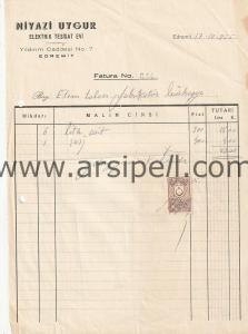 1955 Niyazi Uygur Elektrik Tesisat Evi Balıkesir Edremit Fatura