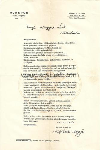 1952 Ruhspor Antetli Döküman Genel Başkan İ. Hakkı Akyüz İmzalı
