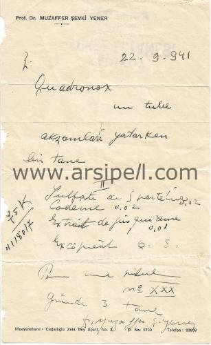 Prof. Dr. Muzaffer Şevki Yener Antetli Reçete Kadıköy Merkez Eczane Kaşeli