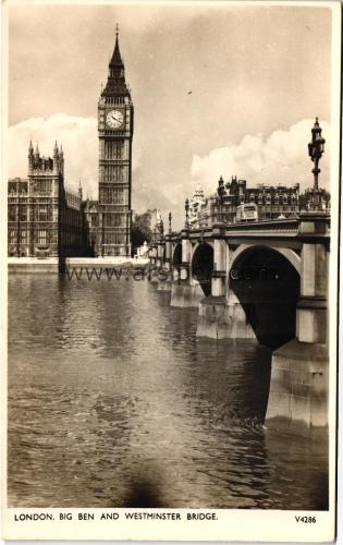1950ler İngiltere London Big Ben Westminster Bridge S/B Kartpostal