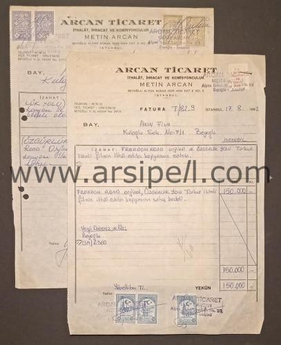 1982 Arcan Ticaret FREEDOM ROAD / Özgürlük Yolu Dizi Faturası ve Karto