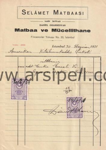1931 Selamet Matbaası Antetli Fatura - Daniel Ohannesyan
