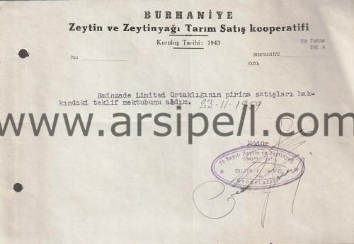 1959 Balıkesi Burhaniye Zeytin ve Zeytinyağı Antetli Evrak