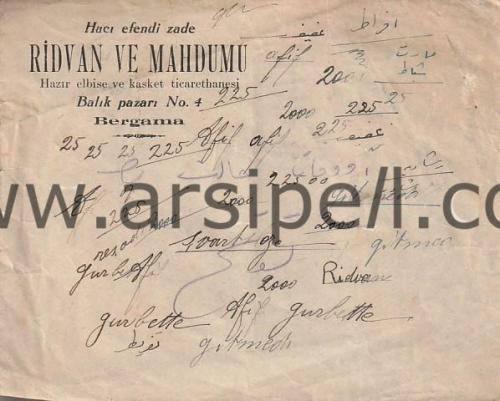Hacı Efendi Zade Ridvan ve Mahdumu İzmir Bergama Antetli Zarf