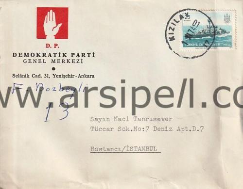 Demokratik Parti Genel Merkezi Antetli Zarf 1974