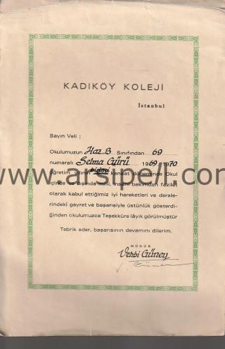İstanbul Kadıköy Koleji Teşekkür Belgesi 1970