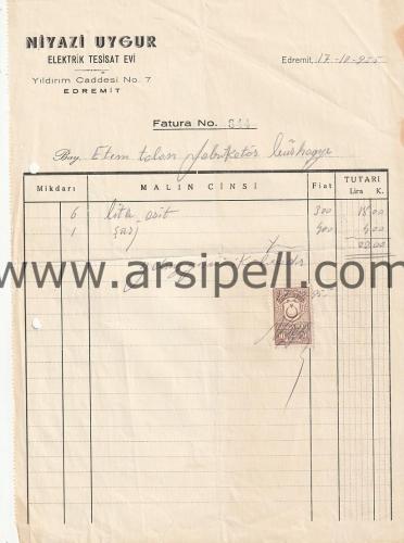 1955 Niyazi Uygur Elektrik Tesisat Evi Balıkesir Edremit Fatura