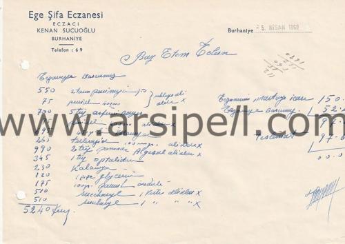 1960 Ege Şifa Eczanesi Balıkesir Burhaniye Antetli Evrak