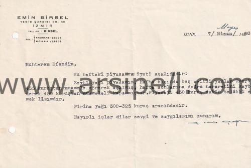 1960 İzmir Emin Birsel Yemiş Çarşısı Antetli Evrak
