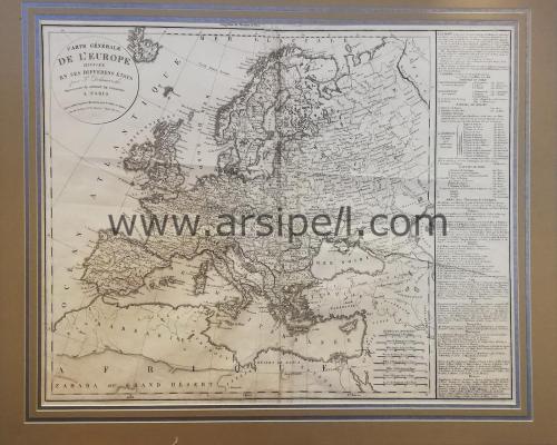 1826 Avrupa Haritası Gravür / Carte generale de l'Europe divisee en ses différents etats