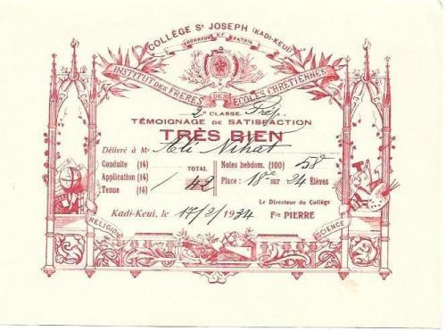 Fransız Saint Joseph Lisesi Kadıköy Haftalık Çalışma Aferin Belgesi (Tres Bien)