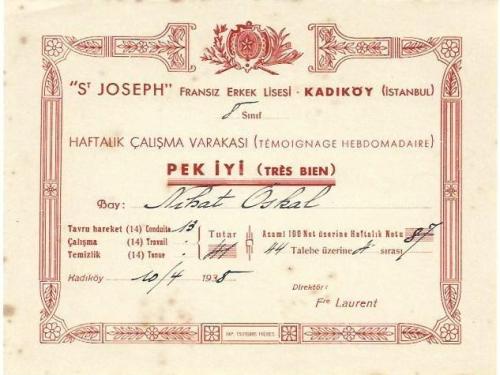 Fransız Saint Joseph Lisesi Kadıköy Haftalık Çalışma Aferin Belgesi (PEK İYİ)