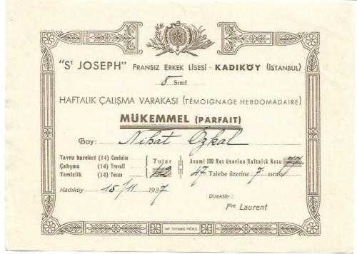 Fransız Saint Joseph Lisesi Kadıköy Haftalık Çalışma Aferin Belgesi (Mükemmel) Türkçe